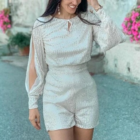 Sexy Champagne Sequin Split Sleeve mini Romper - Picture 6 of 12